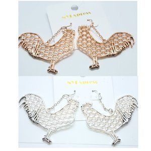 2 Pair Rooster Dangle Earrings Bronze and Silver Costume Jewelry